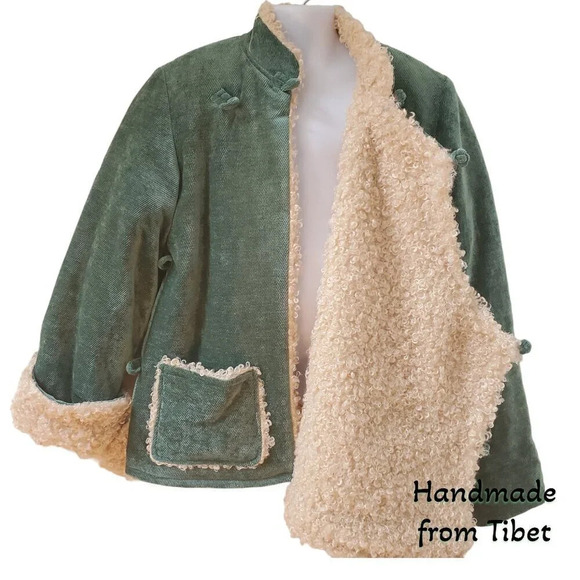 Handmade Tibetan | Children's Coat with Angora Lining | Green | sz 6 to 7 - Picture 3 of 8